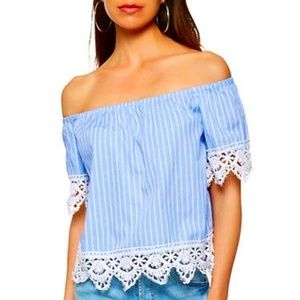 Forever 21 blue and white blouse with lace trim